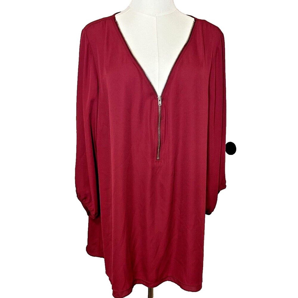 City Chic Zip Fling Top Blouse Plus Size XL Magenta/Red Long Sleeve Zip front